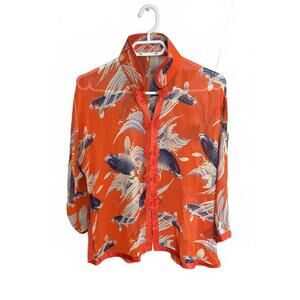 Rare Orange Fish Print Cheongsam Sheer Blouse Size L NWT